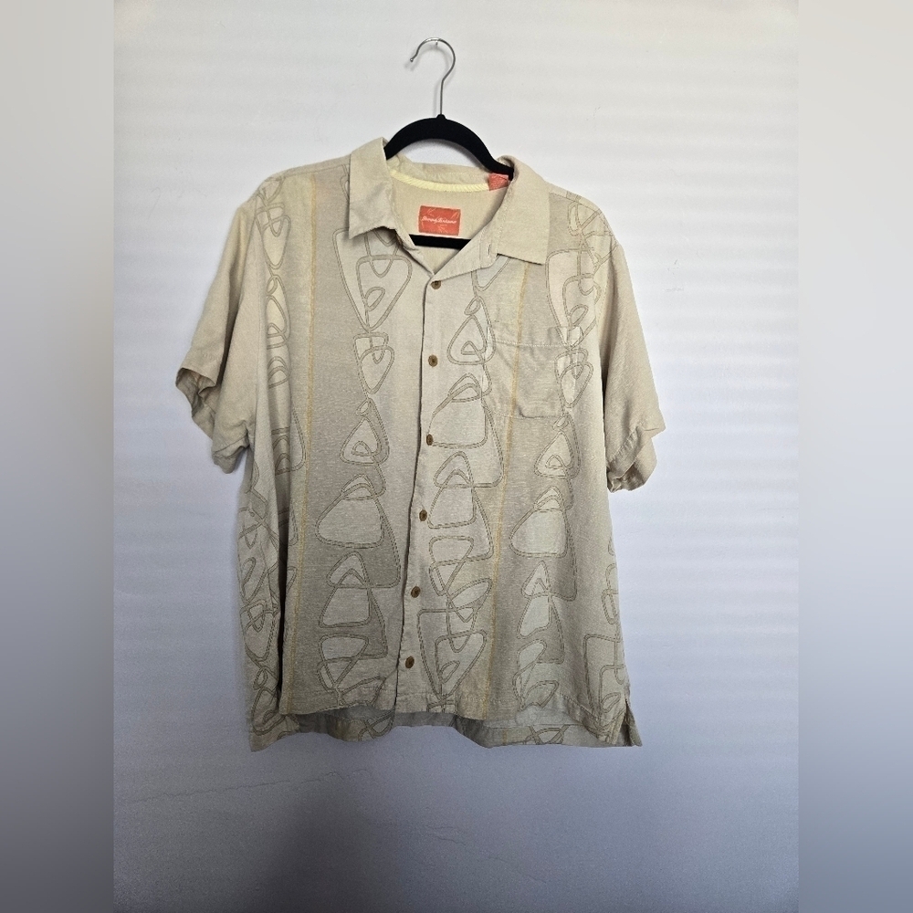 Tommy Bahama 100% Silk Beige Button-Up Shirt with Abstract Pattern